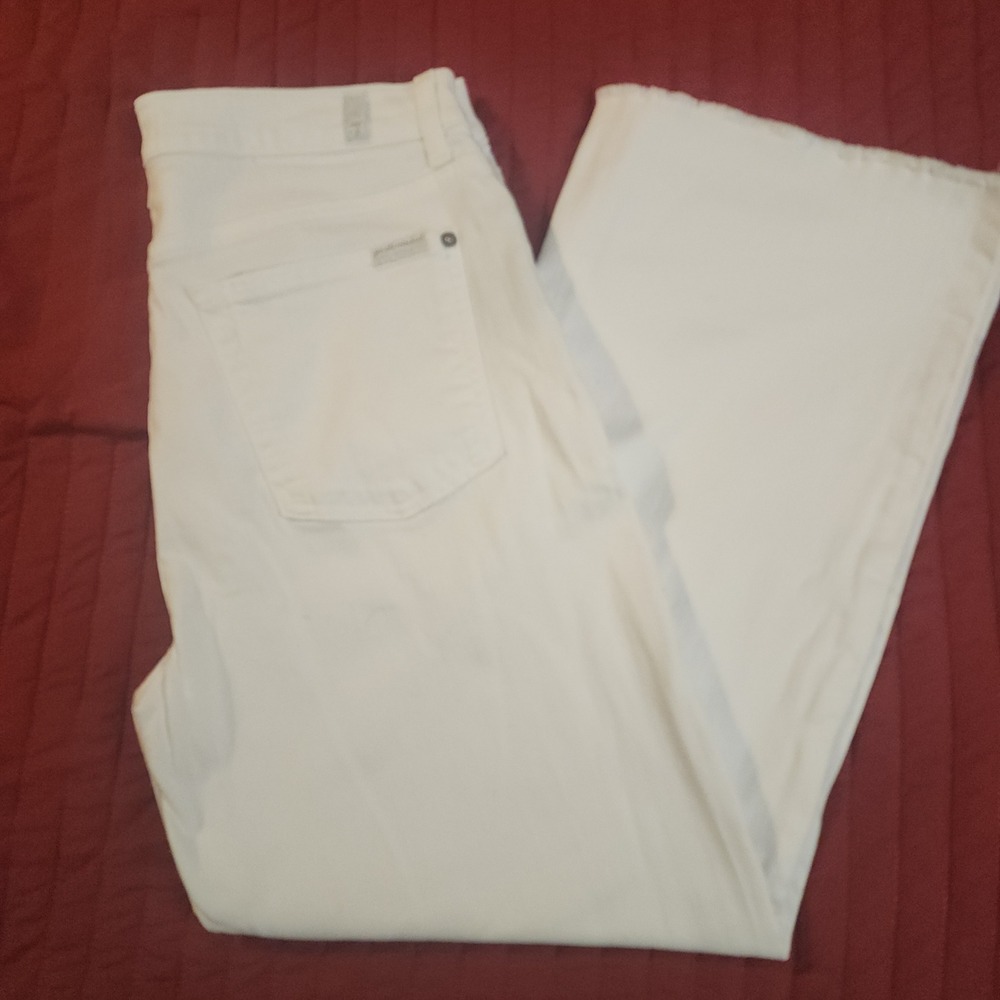 E59 7 For All Mankind White Wide Leg Raw Hem Cropped‎ Jeans Size 30 112613 B10